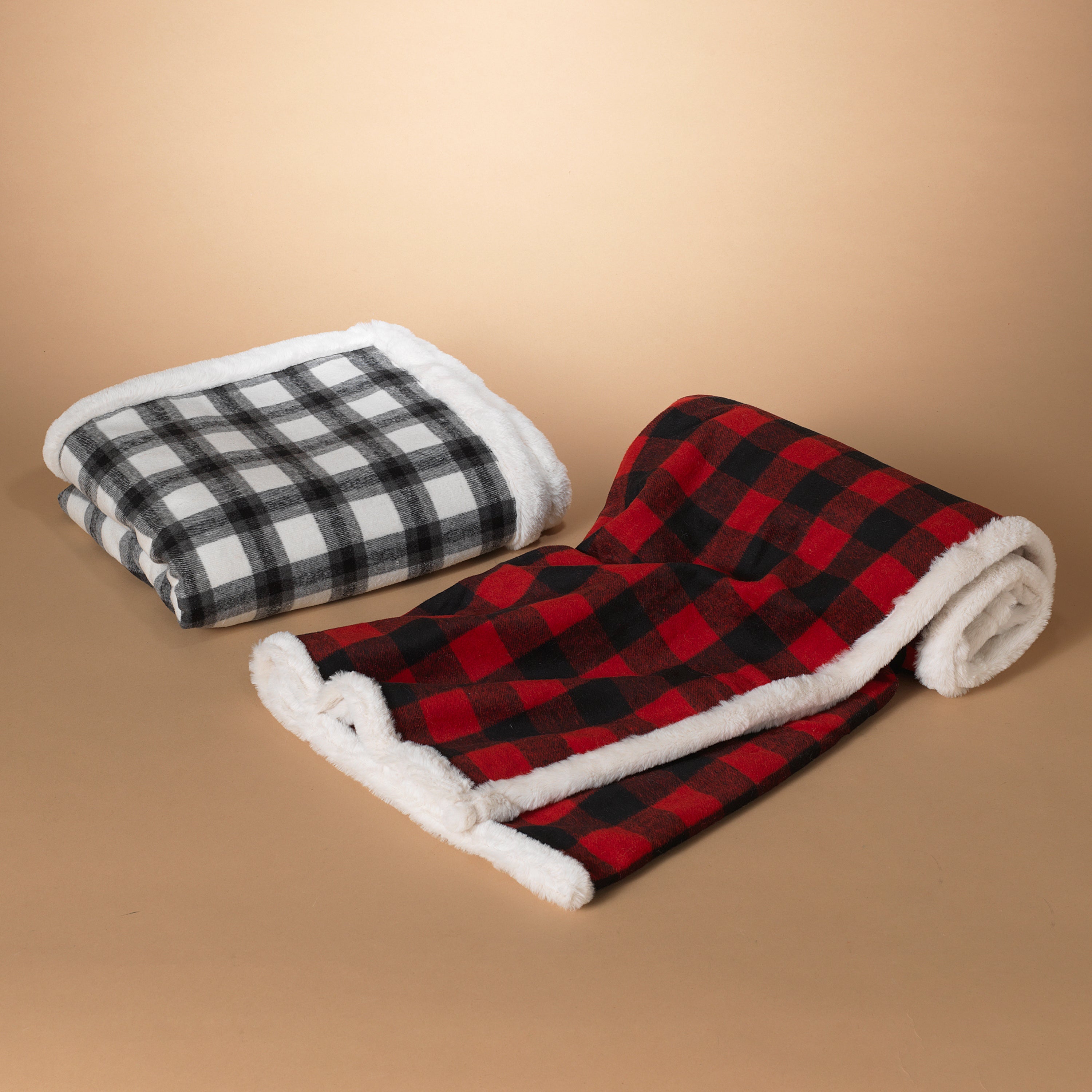 Fabric Plaid Throw With  Faux Fur -