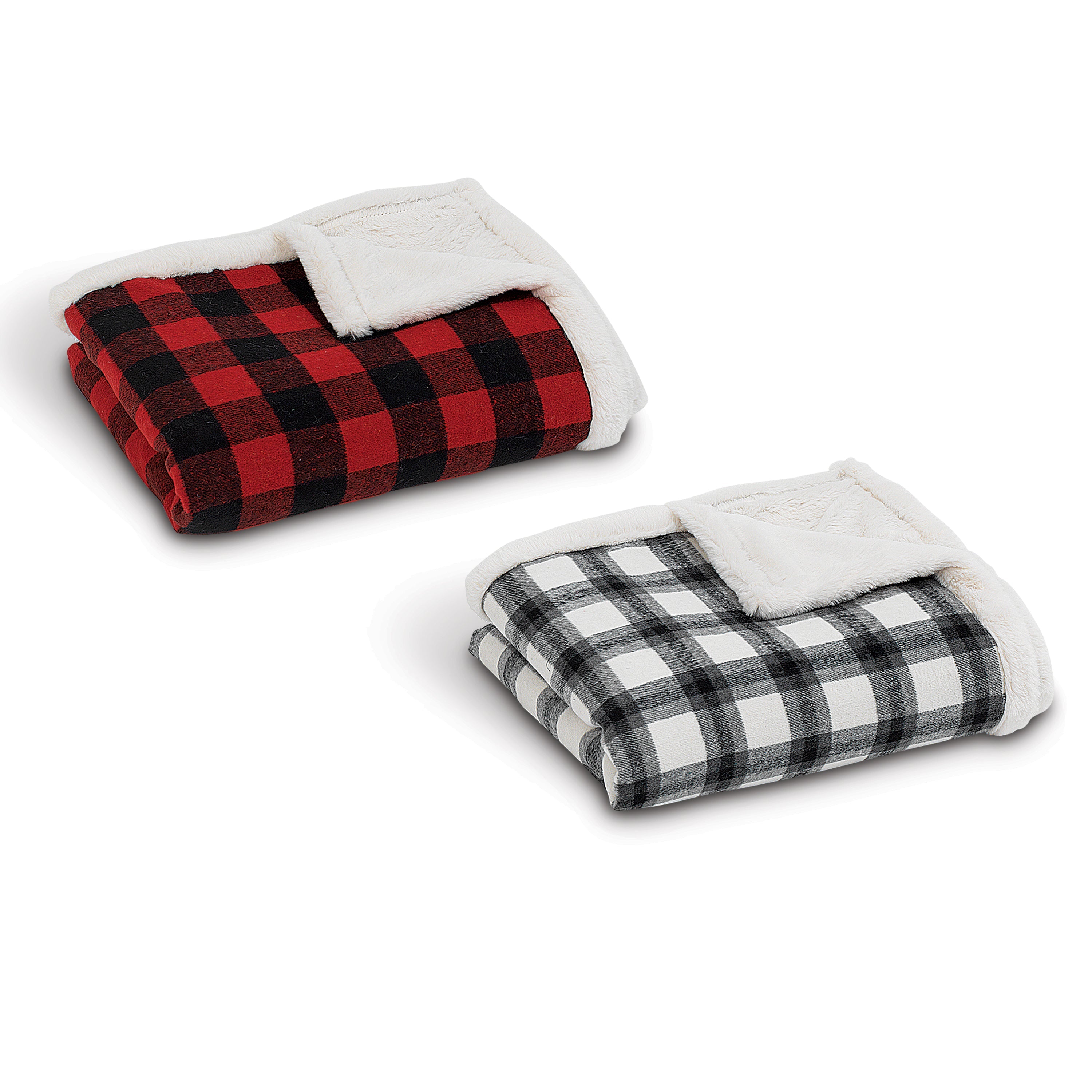 Fabric Plaid Throw With  Faux Fur -