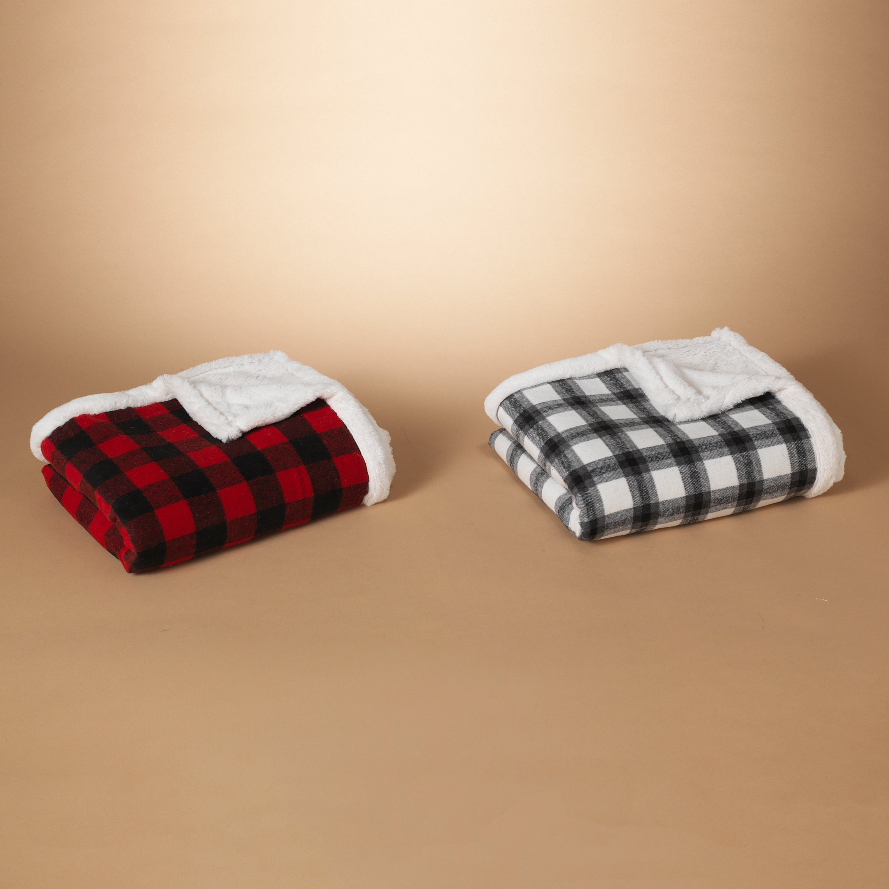 Fabric Plaid Throw With  Faux Fur -
